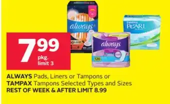 Rexall Always pads, liners or tampons or tampax tampons offer