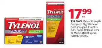 Rexall Tylenol extra strength complete nighttime or cold, cough & flu plus 24' s, rapid release 20' s or mucus relief syrup 170ml-18 offer