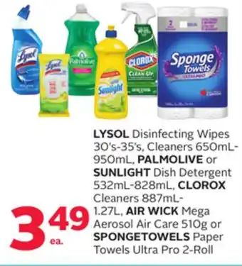 Rexall Lysol disinfecting wipes 30' s-35' s, cleaners 650ml-950ml, palmolive or sunlight dish detergent 532ml-828ml, clorox cleaners offer
