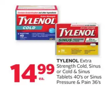 Rexall Tylenol extra strength cold, sinus or cold & sinus tablets 40' s or sinus pressure & pain 36' s offer
