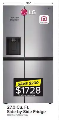 Leon's Lg platinum silver 36 side by side refrigerator with smooth touch dispenser (27 cu.ft) - lrsxs2706v offer