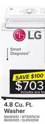 Leon's Lg white top load washer with agitator and slamproof glass lid (4.8 cu. ft) -wt6105cw offer