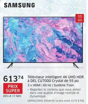 The Source Téléviseur intelligent 4k uhd hdr à del cu7000 crystal de 55 po 3 x hdmi | 60 hz | système tizen samsung offer