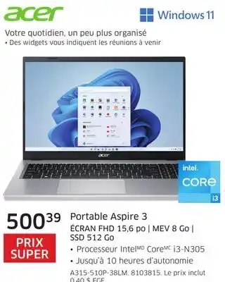 The Source Portable aspire 3 écran fhd 15,6 po | mev 8 go | ssd 512 go acer offer