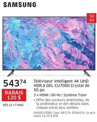 The Source Téléviseur intelligent 4k uhd hdr à del cu7000 crystal de 50 po 3 x hdmi | 60 hz | système tizen samsung offer