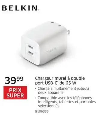 The Source Chargeur mural à double port usb-c de 65 w belkin offer