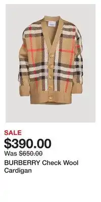 Holt Renfrew Burberry check wool cardigan offer