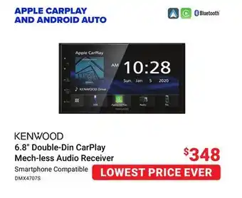 Visions Electronics Kenwood 6.8 double-din carplay mech-less audio receiver offer