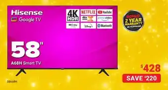 Visions Electronics Hisense a68h smart tv 58 offer