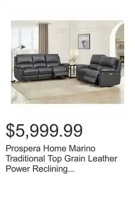 Costco Prospera home marino traditional top grain leather power reclining sofa and loveseat with power headrest offer