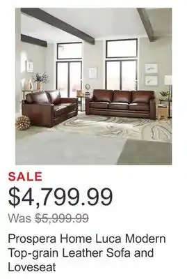 Costco Prospera home luca modern top-grain leather sofa and loveseat offer