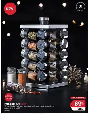 Stokes Paderno 20 pre-filled with spices glass bottles stored in a rotating rack offer