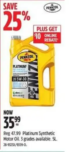 Canadian Tire PENNZOIL Platinum Synthetic Motor Oil 5L offer