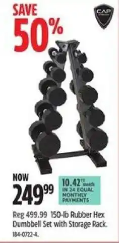 Canadian Tire 150-lb Rubber Hex Dumbbell Set with Storage Rack offer