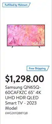 Walmart Samsung qn65q60cafxzc 65 4k uhd hdr qled smart tv - 2023 model offer