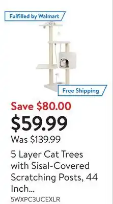 Walmart 5 layer cat trees with sisal-covered scratching posts, 44 inch activity tree kitty play house cat condo tower furniture (whit offer