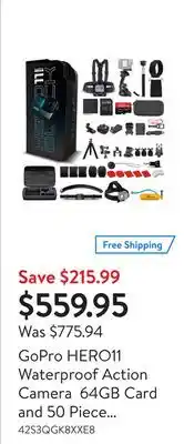 Walmart Gopro hero11 waterproof action camera 64gb card and 50 piece accessory kit offer