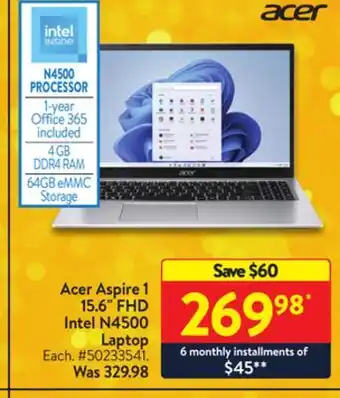 Walmart Acer aspire 1 15.6 fhd intel n4500 laptop offer