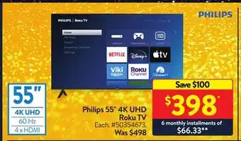 Walmart Philips 55 4k uhd roku tv offer