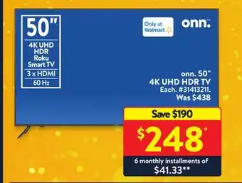 Walmart Onn. 50 4k uhd hdr tv offer
