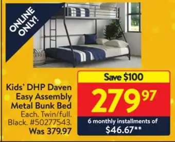 Walmart Kids' dhp daven easy assembly metal bunk bed offer