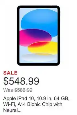Costco Apple ipad 10, 10.9 in. 64 gb, wi-fi, a14 bionic chip with neural engine offer