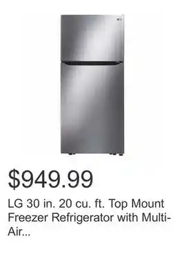 Costco Lg 30 in. 20 cu. ft. top mount freezer refrigerator with multi-air flow cooling offer