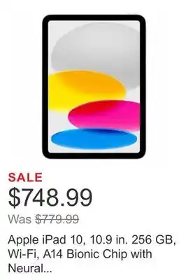 Costco Apple ipad 10, 10.9 in. 256 gb, wi-fi, a14 bionic chip with neural engine offer