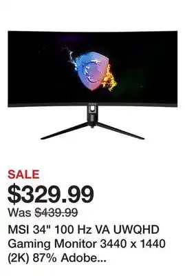 Newegg Msi 34 100 hz va uwqhd gaming monitor 3440 x 1440 (2k) 87% adobe rgb / 86% dci-p3 / 110% srgb hdmi, displayport, audio mag342 offer