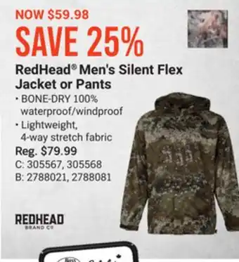 Bass Pro Redhead men's silent flex jacket or pants offer