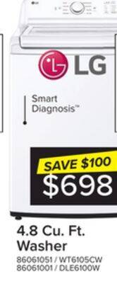 Leon's Lg white top load washer with agitator and slamproof glass lid (4.8 cu. ft) -wt6105cw offer
