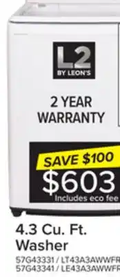 Leon's L2 white top load washer with french display (4.3 cu. ft) - lt43a3awwfr offer