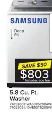 Samsung white top load washer with active water jet faucet and ez access tub (5.8 cu.ft) - wa50r5200aw/us