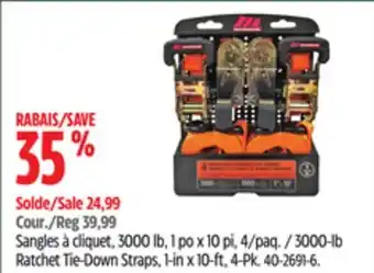 Canadian Tire 3000-lb ratchet tie-down straps, 1-in x 10-ft, 4-pk offer