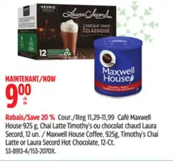 Canadian Tire Maxwell house coffee, 925g, timothy's chai latte or laura secord hot chocolate, 12-ct offer