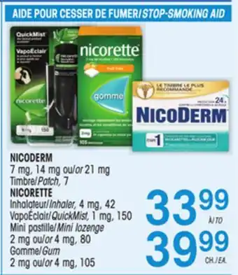 Uniprix Nicoderm 7 mg, 14 mg ou/or 21 mg timbre/patch, nicorette inhalateur/inhaler, 4 mg, 42 vapoéclair/quickmist, 1 mg, mini pastil offer