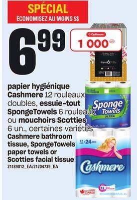 Provigo Papier hygiénique cashmere, 12 rouleaux doubles, essuie-tout spongetowels, 6 rouleaux ou mouchoirs scotties, 6 un offer