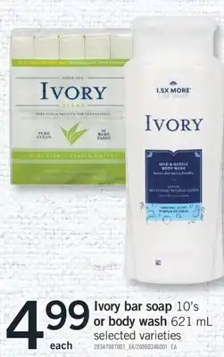 Fortinos Ivory bar soap 10' s or body wash 621 ml offer