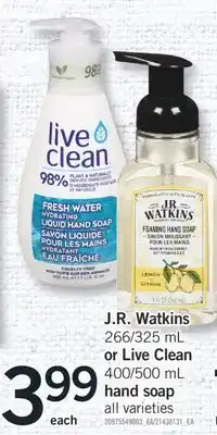 Fortinos J. r. watkins 266/325 ml or live clean 400/500 ml hand soap offer