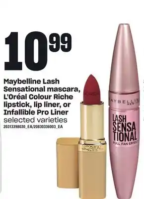 Loblaws Maybelline lash sensational mascara, l'oréal colour riche lipstick, lip liner, or infallible pro liner offer