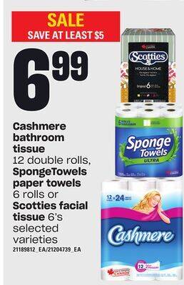Loblaws Cashmere bathroom tissue, 12 double rolls, spongetowels paper towels, 6 rolls or scotties facial, 6's offer