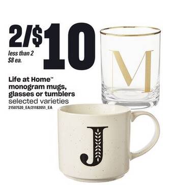 Loblaws Life at home monogram mugs, glasses or tumblers offer