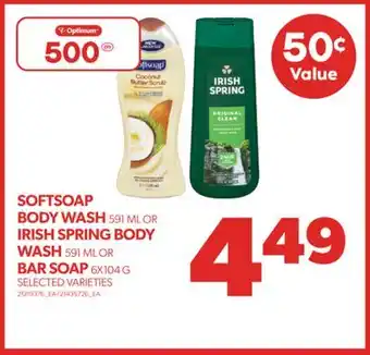 Real Canadian Superstore Softsoap body wash, 591 ml or irish spring body wash, 591 ml or bar soap, 6x104 g offer