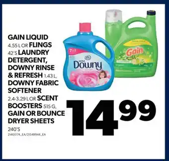 Real Canadian Superstore Gain liquid 4.55 l or flings 42's laundry detergent, downy rinse & refresh 1.43 l, downy fabric softener 2.4-3.29 l or scent offer