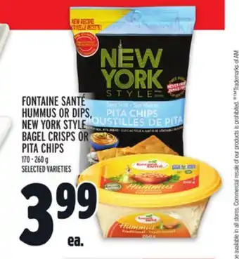 Metro Fontaine santé hummus or dips, new york style bagel crisps or pita chips offer