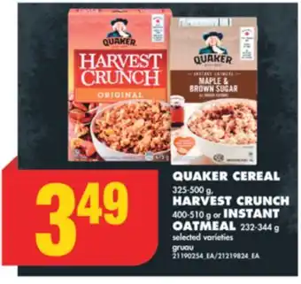 No Frills Quaker cereal, 325-500 g, harvest crunch, 400-510 g or instant oatmeal, 232-344 g offer