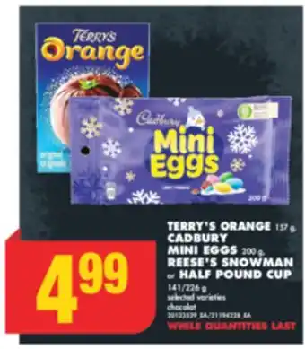 No Frills Terry's orange 157 g, cadbury mini eggs 200 g, reese's snowman or half pound cup 141/226 g offer