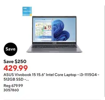 Staples Asus vivobook 15 15.6 intel core laptop - i3-1115g4 - 512gb ssd - 8gb ddr4 - windows 11 - slate grey offer