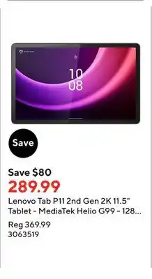 Staples Lenovo tab p11 2nd gen 2k 11.5 tablet - mediatek helio g99 - 128 gb - 4gb ram - android - storm grey offer