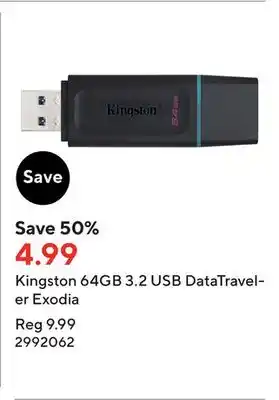 Staples Kingston 64gb 3.2 usb datatraveler exodia offer